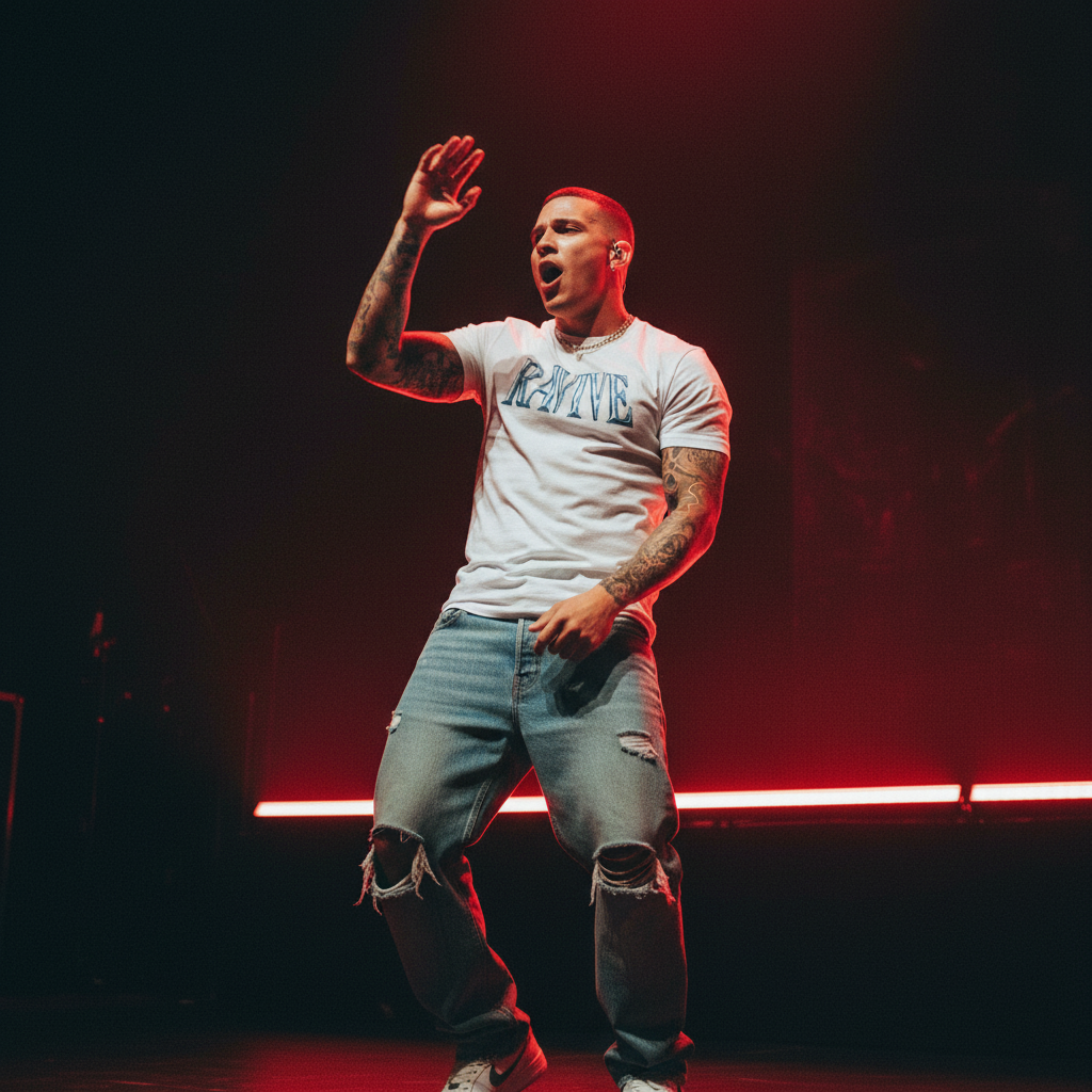 Person on stage with red lighting, wearing a white t-shirt and ripped jeans.