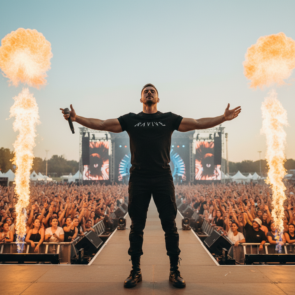 Person on stage with arms outstretched at a concert with fireworks and crowd in the background