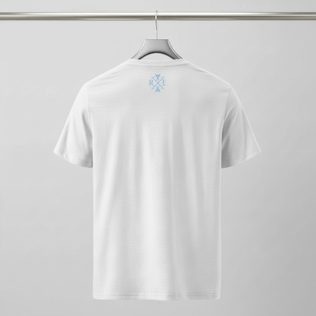 White oversized cotton t-shirt with small light blue monogram logo centered near upper back collar, organic fabric.