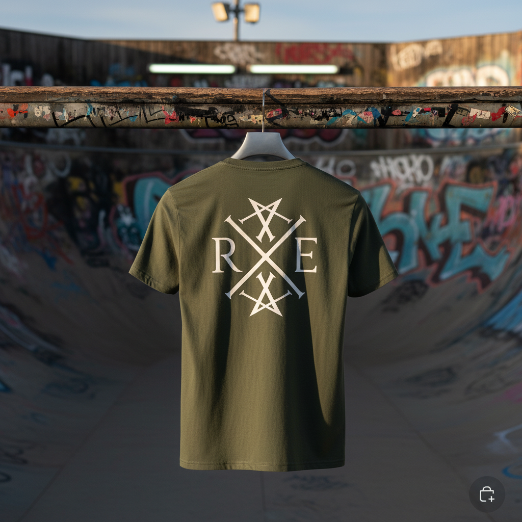 Olive green relaxed-fit organic cotton T-shirt featuring a large white RAVIVE Monogram logo across the back. Soft, breathable premium fabric ensures all-day comfort with a loose, easy drape. Displayed on a hanger in a sunlit urban skatepark, the backdrop showcases vibrant graffiti art on weathered wooden rails and a concrete bowl. Sunlight highlights the fabric’s smooth texture, emphasising eco-friendly organic quality and versatile streetwear style for casual, sustainable fashion.
