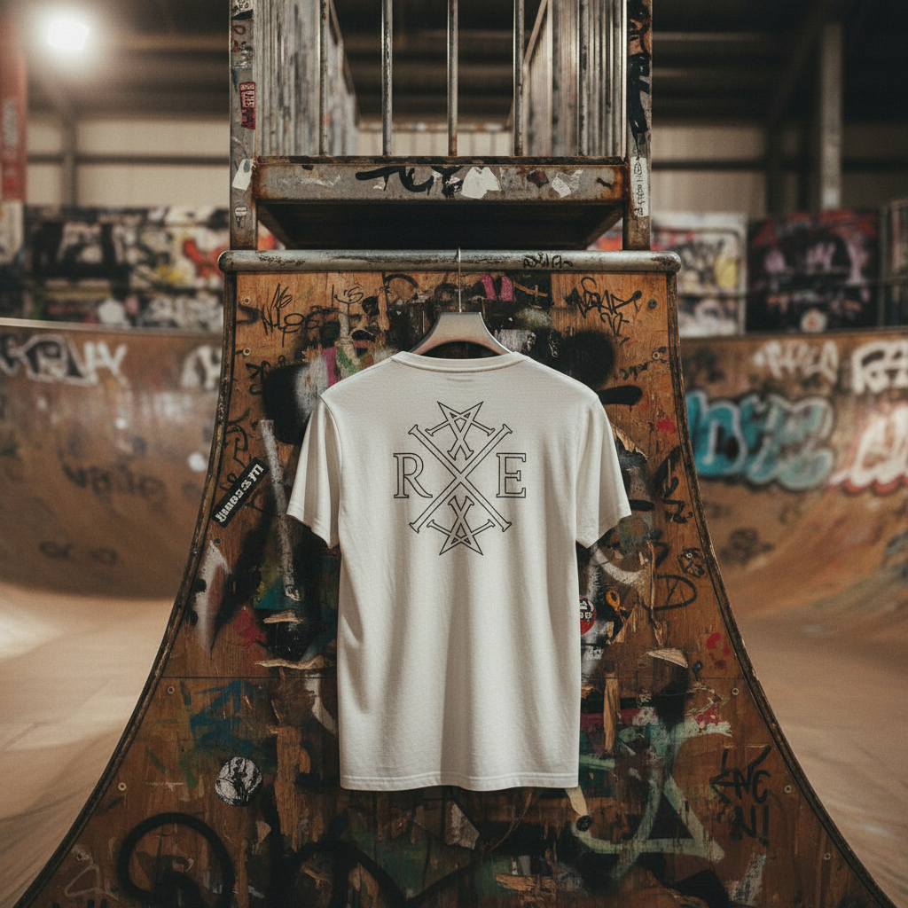 White oversized organic cotton T-shirt with black RAVIVE monogram logo on back, hanging on graffiti-covered skate ramp.