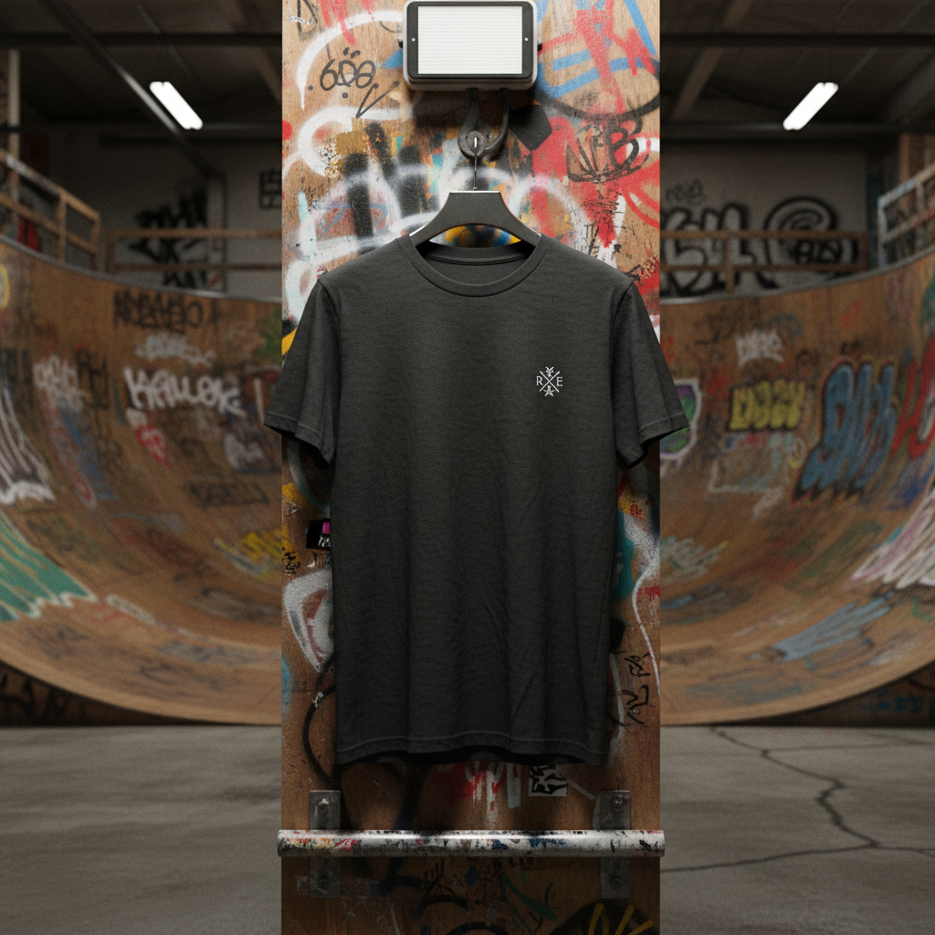 Black t-shirt with RAVIVE monogram logo on a hanger against a graffiti-covered skateboard ramp.