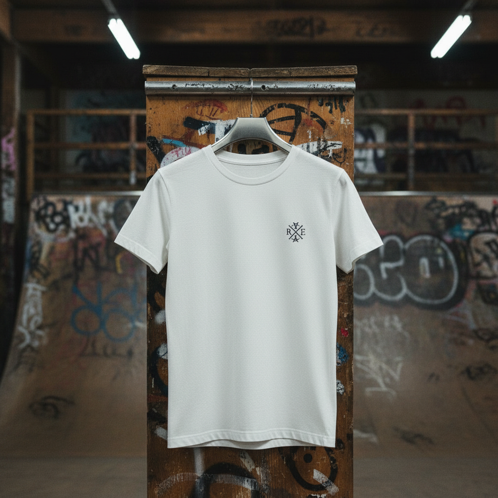 White oversized organic cotton T-shirt with small black RAVIVE monogram logo on chest, displayed hanging in an indoor skatepark.