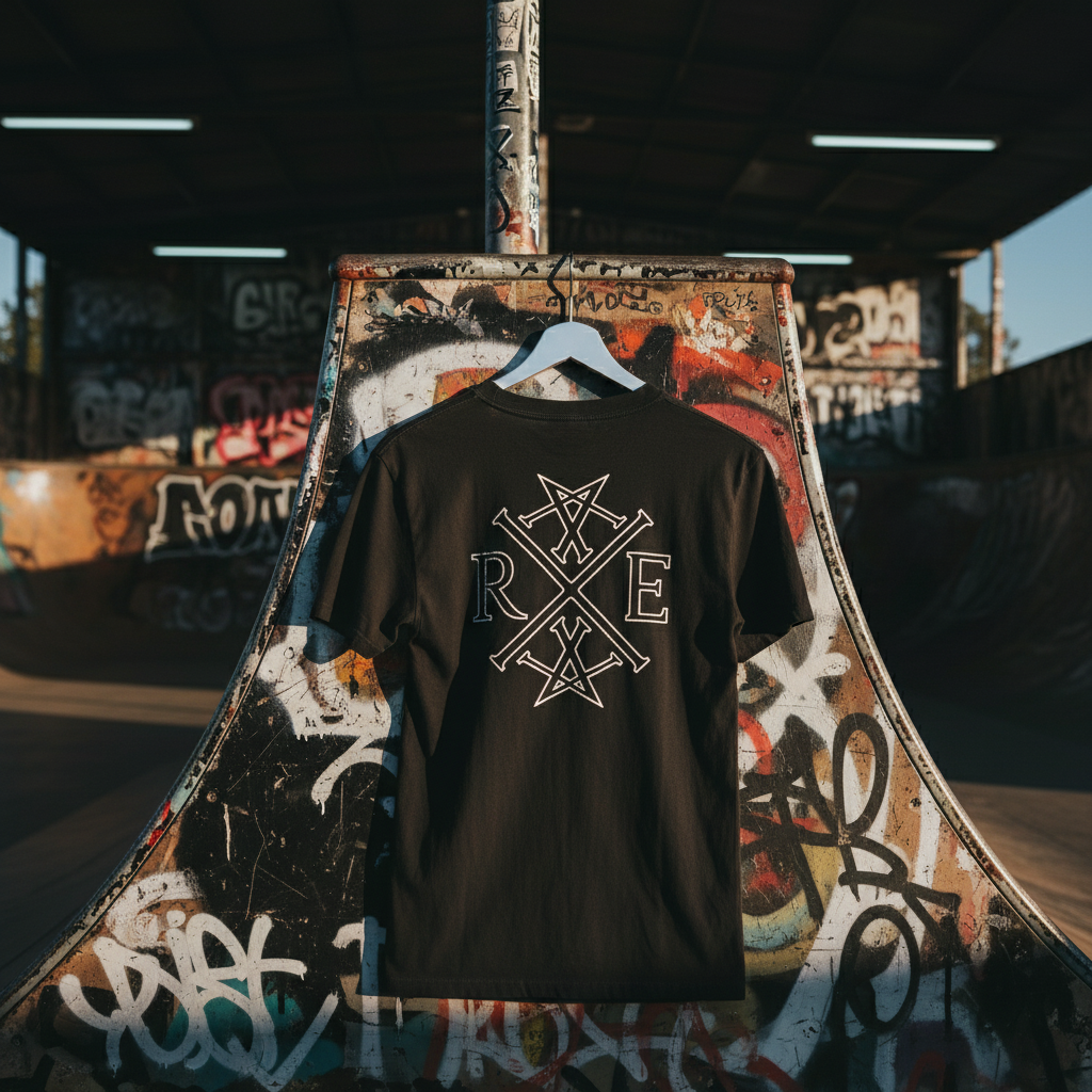Black oversized organic cotton t-shirt with large RAVIVE monogram logo in white, hanging on graffiti-covered skate ramp.