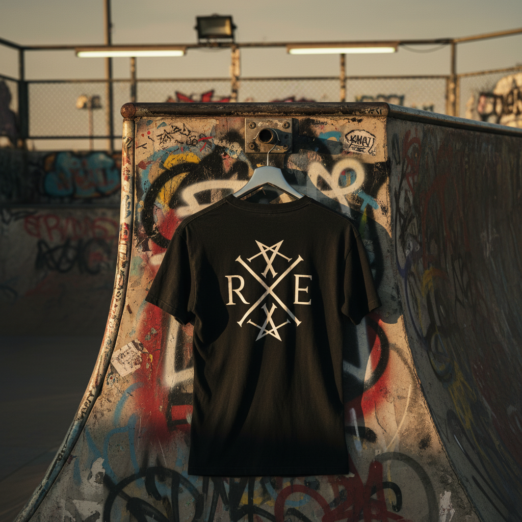 Black oversized organic cotton T-shirt with white RAVIVE monogram logo on the back, hanging on a hanger against a graffiti covered skate ramp.