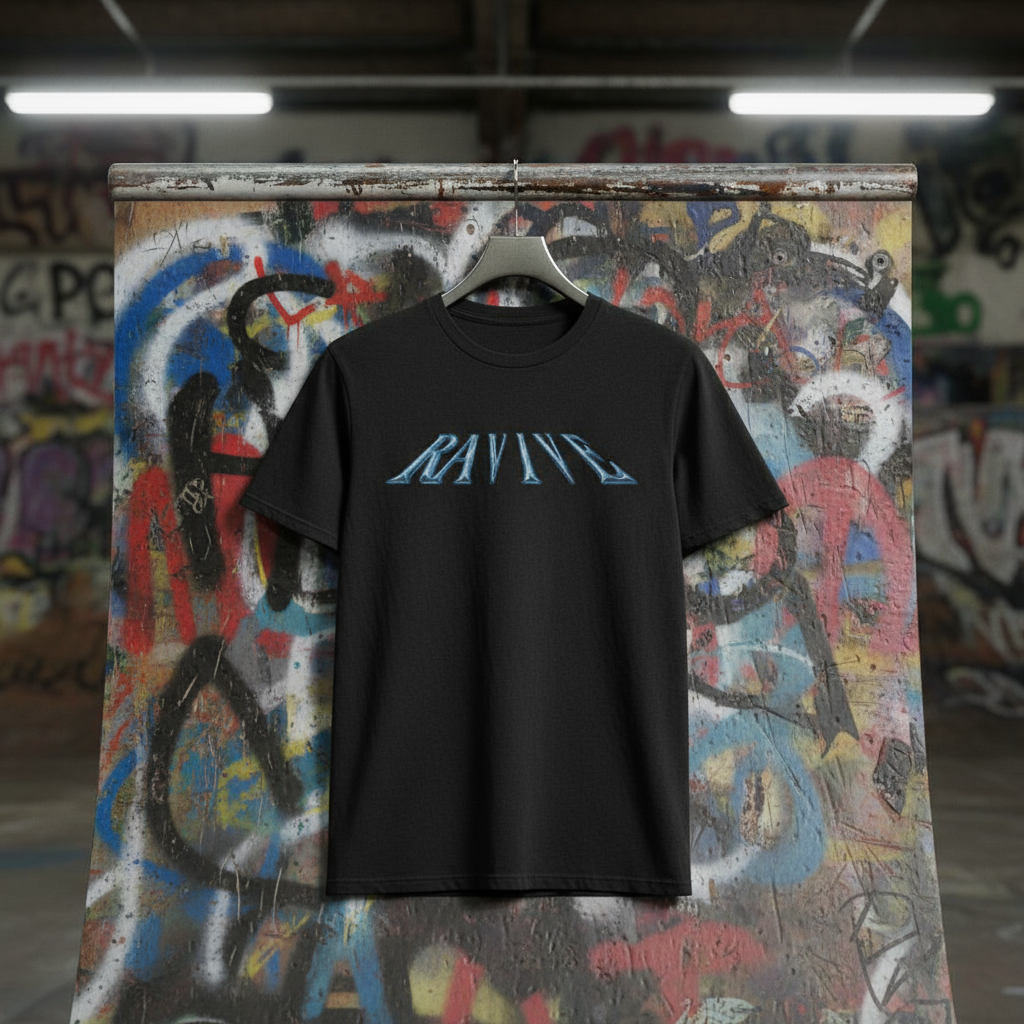Black oversized organic cotton T-shirt with blue RAVIVE monogram logo across the chest, hanging on a black hanger in a graffiti covered skatepark.