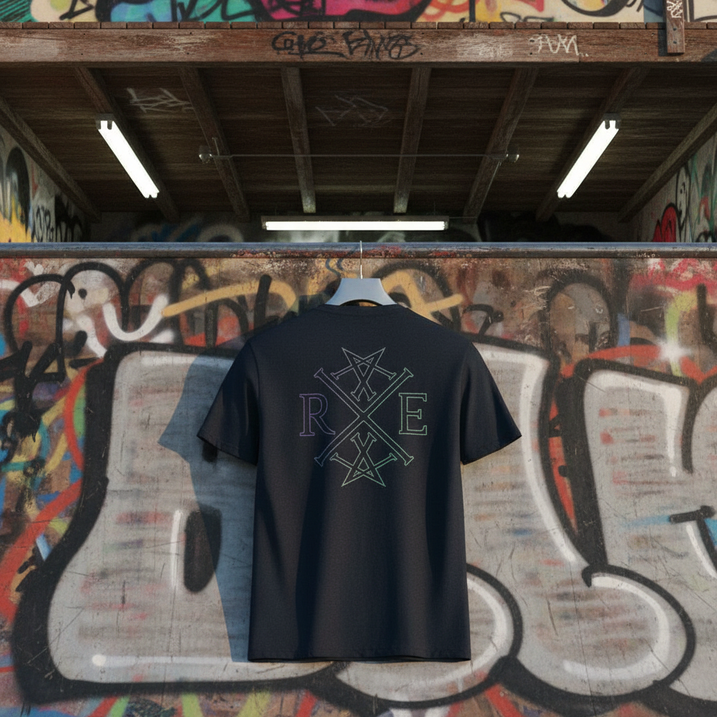 Navy oversized organic cotton t-shirt with RAVIVE monogram logo in contrasting colours on back, hanging against graffiti wall.