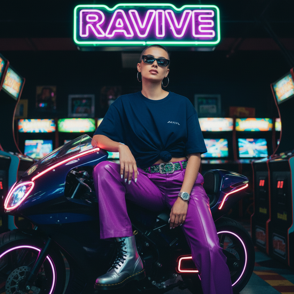 Woman wearing oversized navy organic cotton T-shirt with small white RAVIVE monogram logo on chest, paired with bright purple trousers and silver boots.