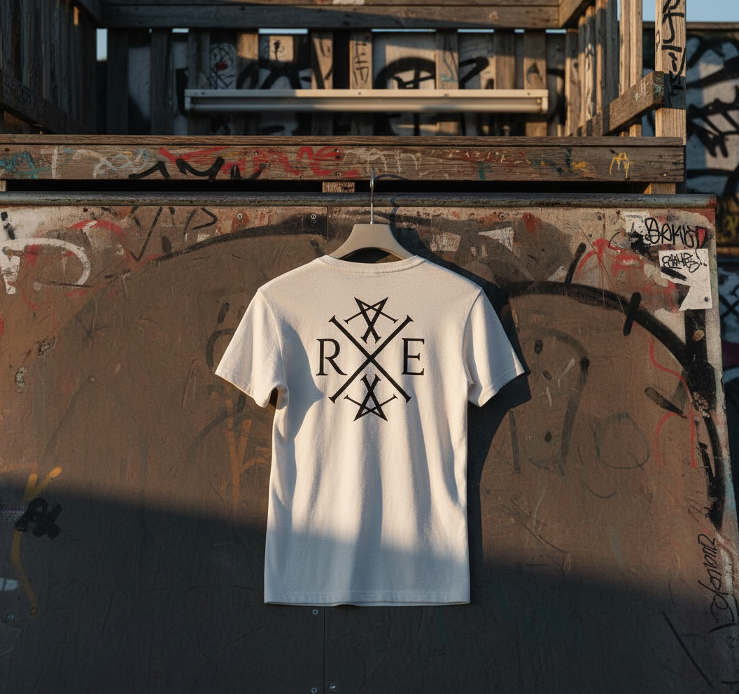 White oversized organic cotton t-shirt with large black RAVIVE monogram logo on back, hanging against graffiti wall outdoors.
