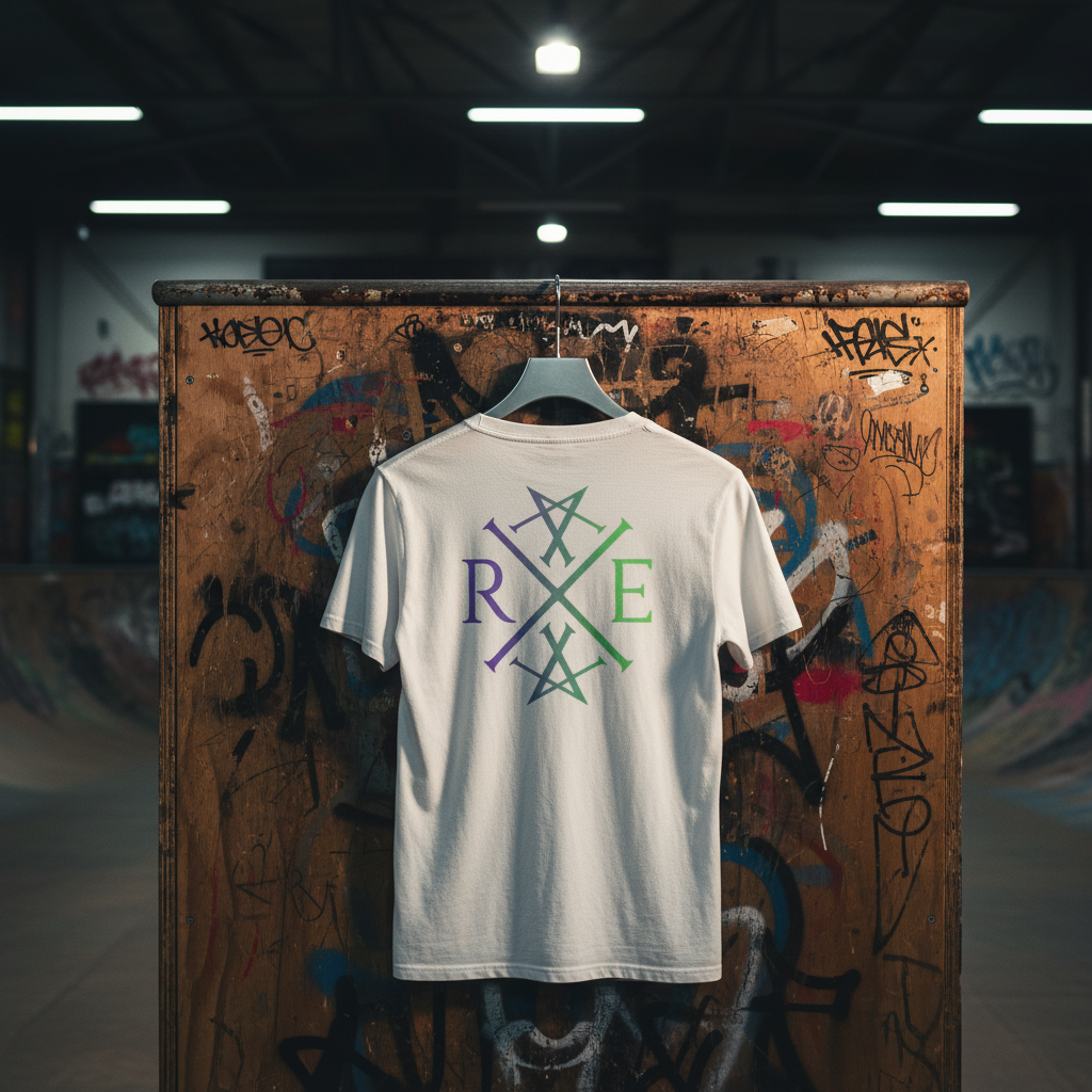 White oversized organic cotton T-shirt with multicolored RAVIVE monogram logo on back, hanging on a chrome hanger against a graffiti covered wall.