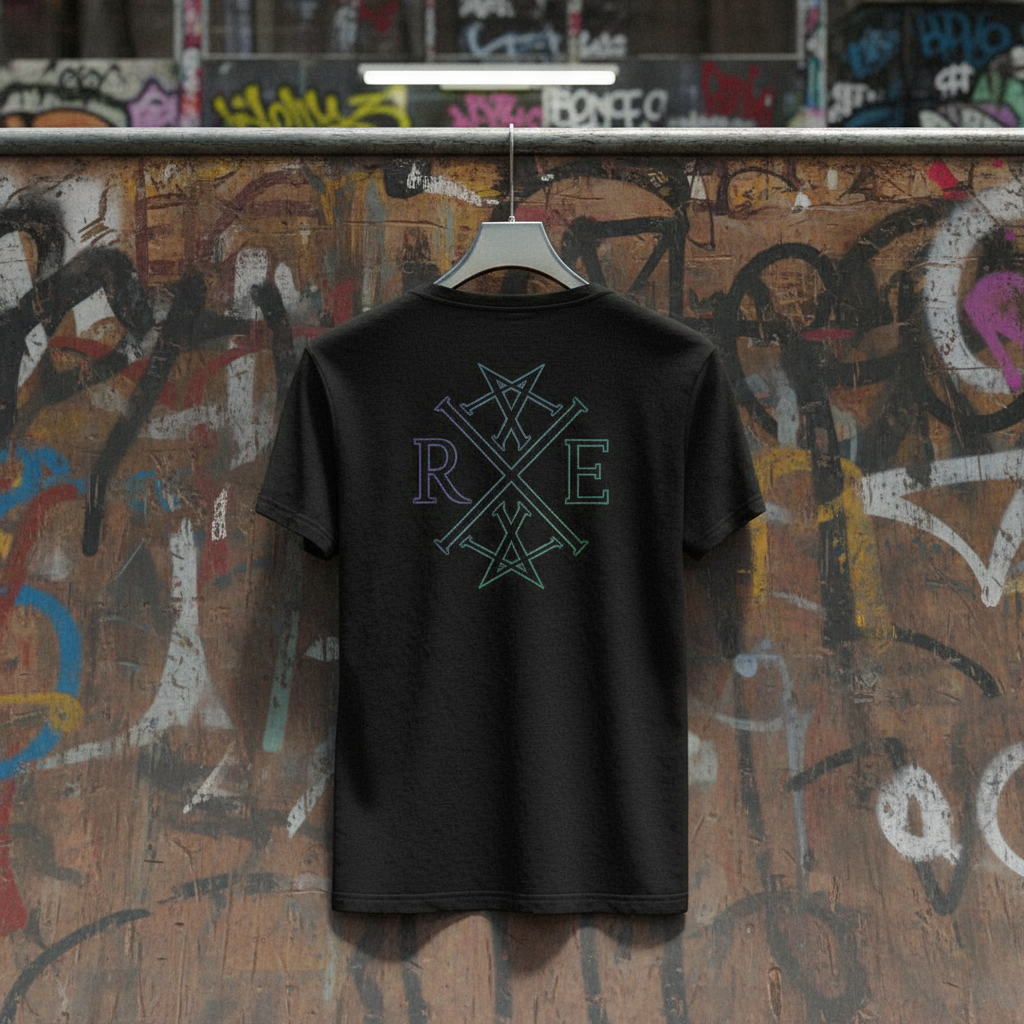 Black oversized cotton T-shirt with green RAVIVE monogram logo on back, hanging against graffiti-covered wall in urban skatepark.