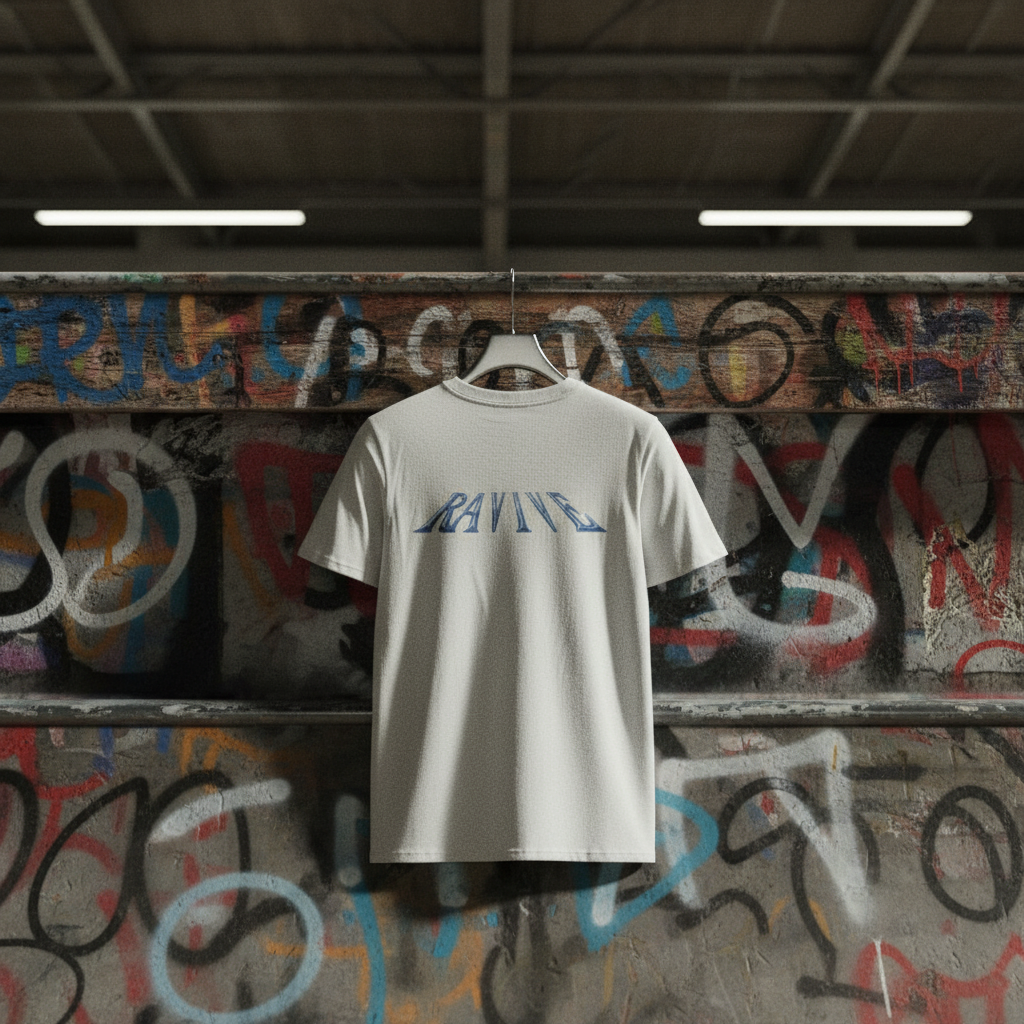 White oversized organic cotton t-shirt with slim blue chrome logo across the chest hanging against a graffiti-covered wall.