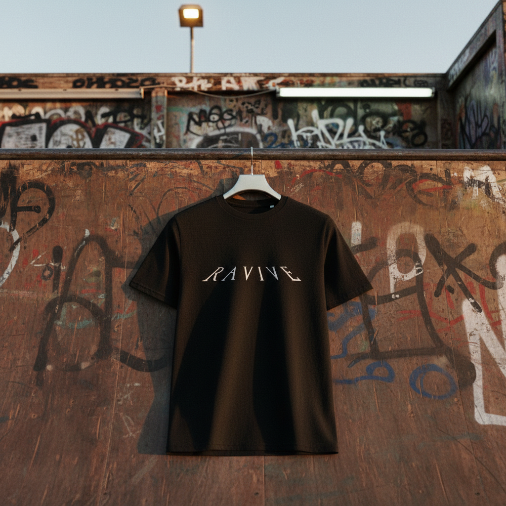 Black oversized organic cotton t-shirt with white RAVIVE monogram logo on chest, hanging against graffiti-covered skate ramp.
