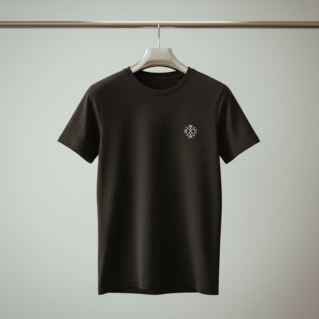 Black oversized organic cotton t-shirt with white RAVIVE monogram logo on left chest, hanging on white hanger against plain.
