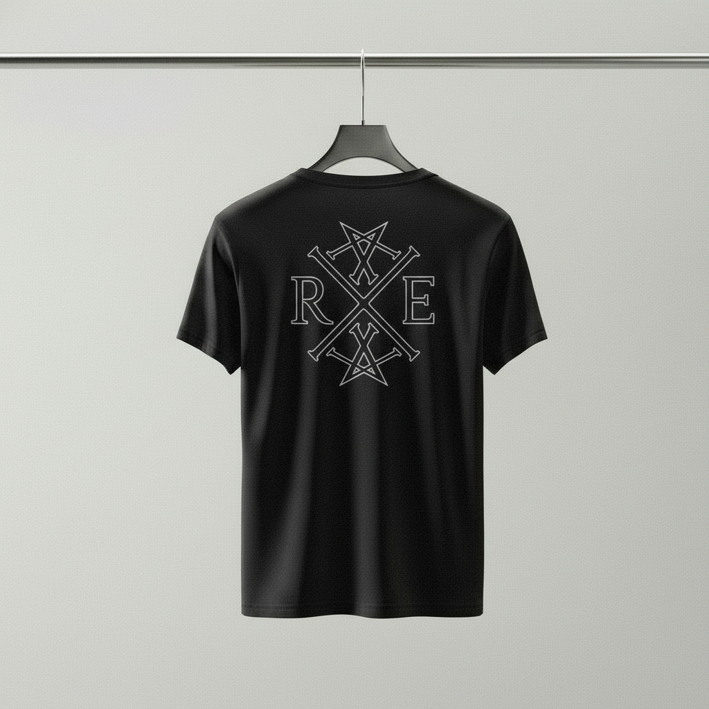 Black oversized organic cotton T-shirt with white RAVIVE monogram logo on back, hanging against plain light gray background.