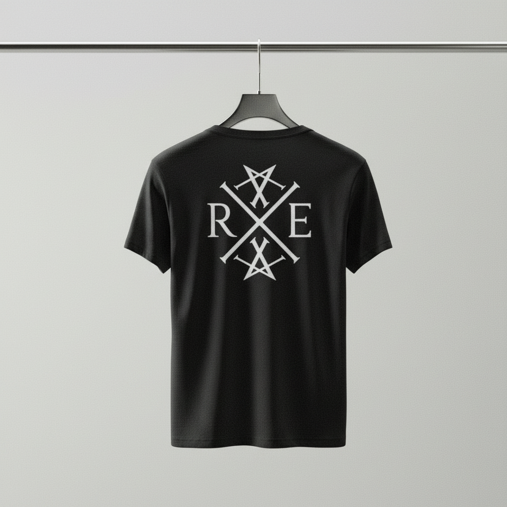 Black oversized organic cotton T-shirt with large white RAVIVE monogram logo on back, hanging against plain light gray background.