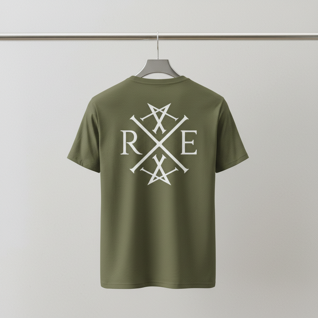 Olive green relaxed-fit organic cotton T-shirt featuring a large white RAVIVE Monogram logo across the back. Soft, breathable premium fabric ensures all-day comfort with a loose, easy drape. Displayed on a hanger in a brightly lit studio.