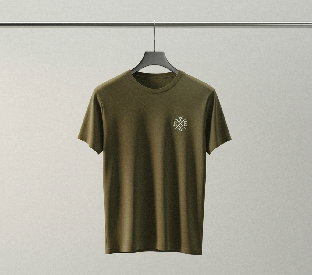 Olive green relaxed-fit organic cotton T-shirt featuring a small white RAVIVE Monogram logo on the front. Soft, breathable premium fabric ensures all-day comfort with a loose, easy drape. Displayed on a hanger in a brightly lit studio.