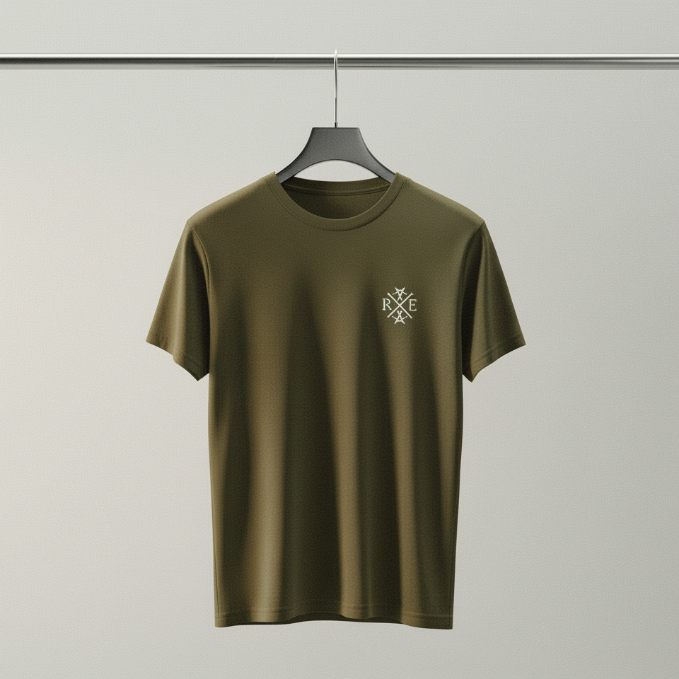 Olive green relaxed-fit organic cotton T-shirt featuring a small white RAVIVE Monogram logo on the front. Soft, breathable premium fabric ensures all-day comfort with a loose, easy drape. Displayed on a hanger in a brightly lit studio.