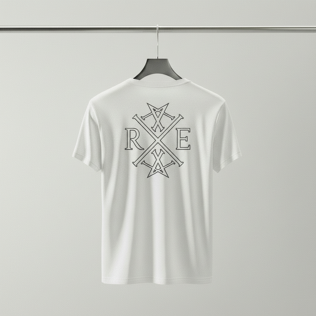 White oversized organic cotton T-shirt hanging on a chrome hanger against a light grey wall, featuring a large original RAVIVE monogram logo.