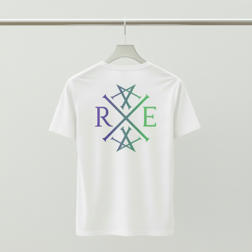 White oversized organic cotton T-shirt hanging on chrome hanger, featuring a large multi-colored RAVIVE monogram logo on the back.