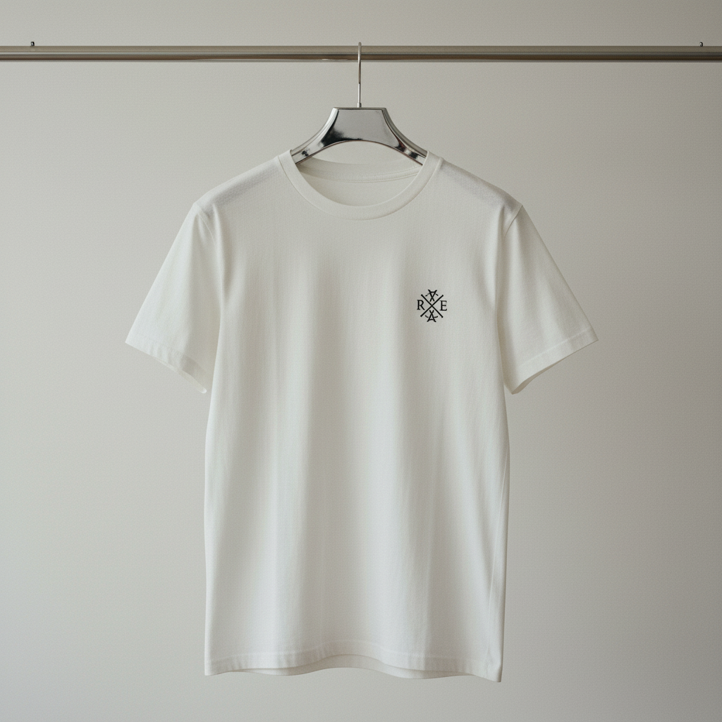 White oversized organic cotton T-shirt with small black RAVIVE monogram logo on left chest, displayed on hanger against a grey background.