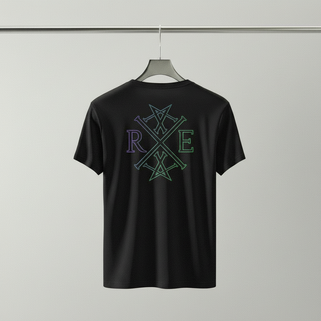 Black oversized organic cotton t-shirt hanging on a hanger with a colorful RAVIVE monogram logo on the back against a plain background.