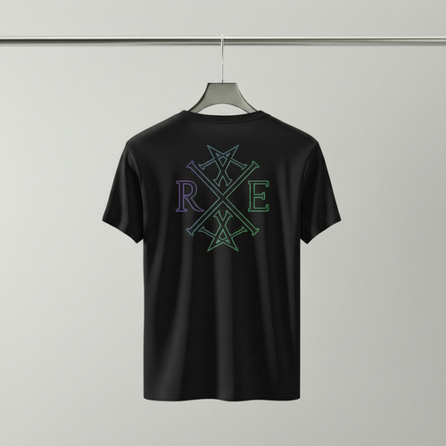 Black oversized organic cotton t-shirt hanging on a hanger with a colorful RAVIVE monogram logo on the back against a plain background.