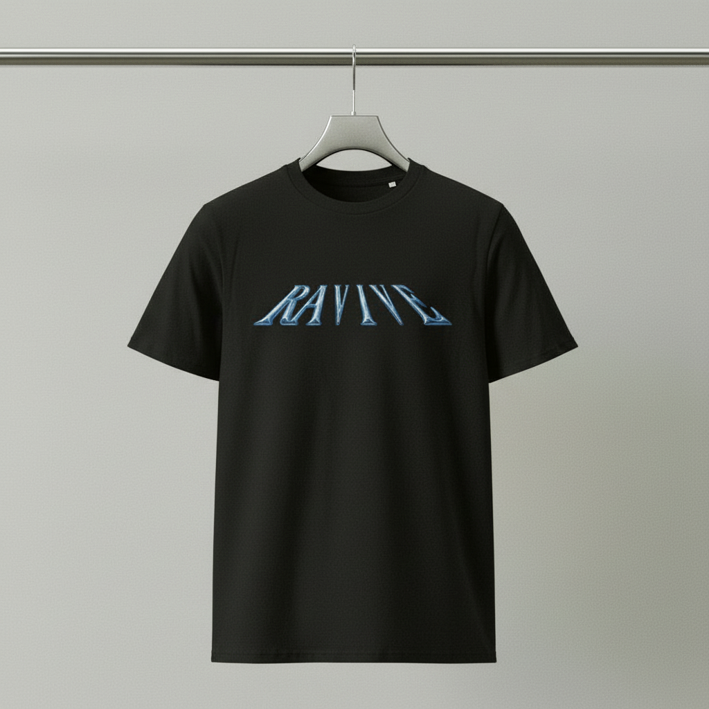 Black oversized organic cotton t-shirt with stretched light blue chrome logo text across the chest.