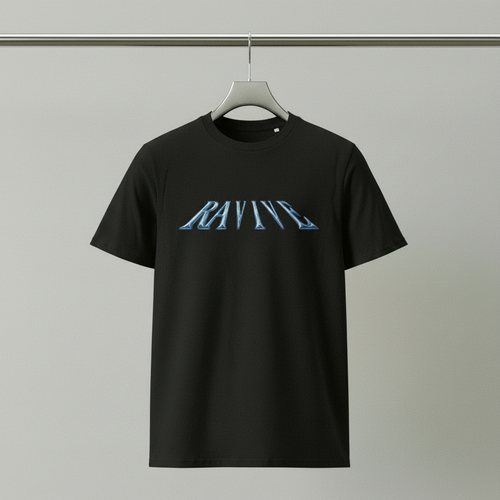Black oversized organic cotton t-shirt with stretched light blue chrome logo text across the chest.