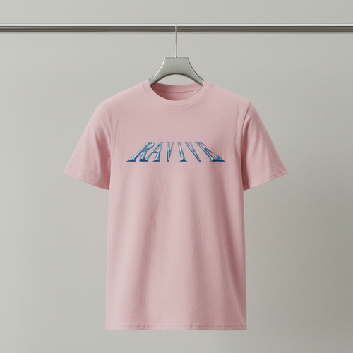 Oversized pink organic cotton t-shirt with blue chrome logo text across chest, crew neck, short sleeves.