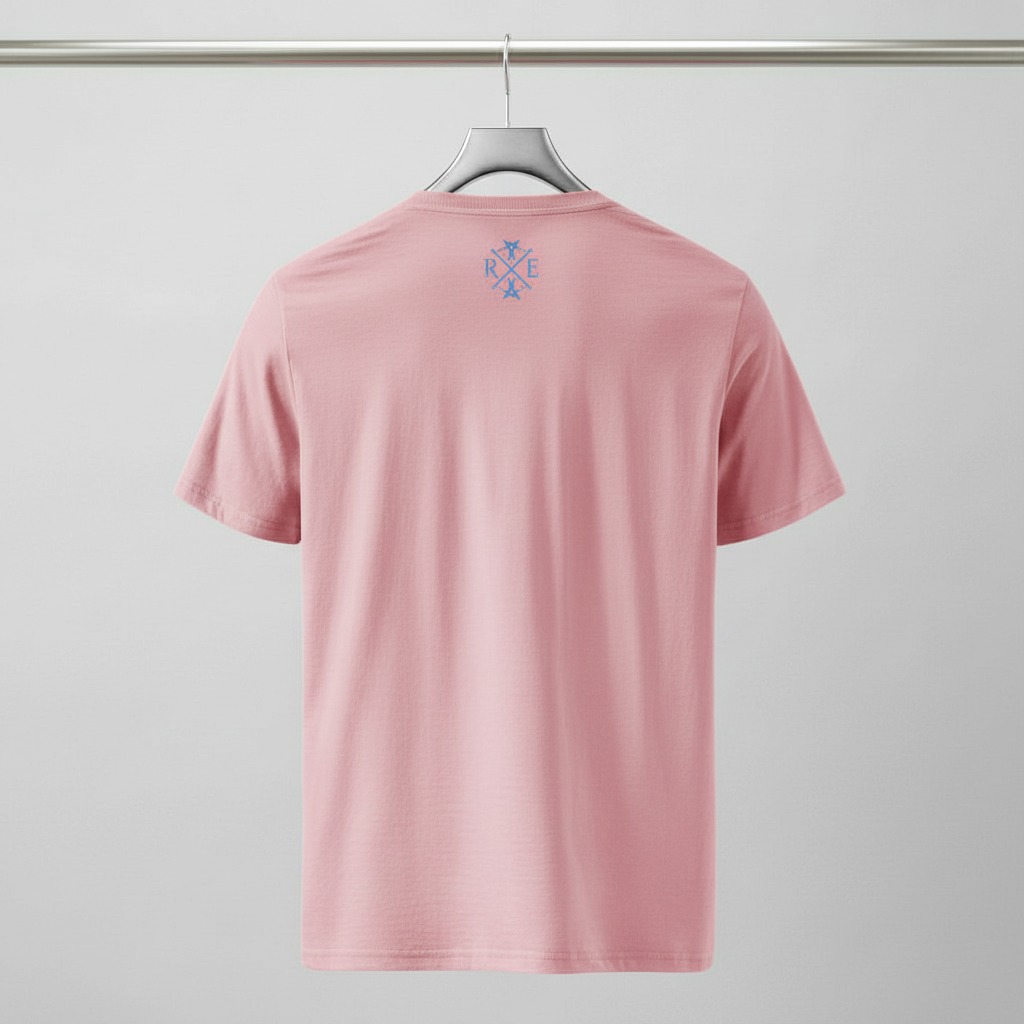 Oversized pink organic cotton t-shirt with small blue monogram logo on upper back, short sleeves, relaxed fit.
