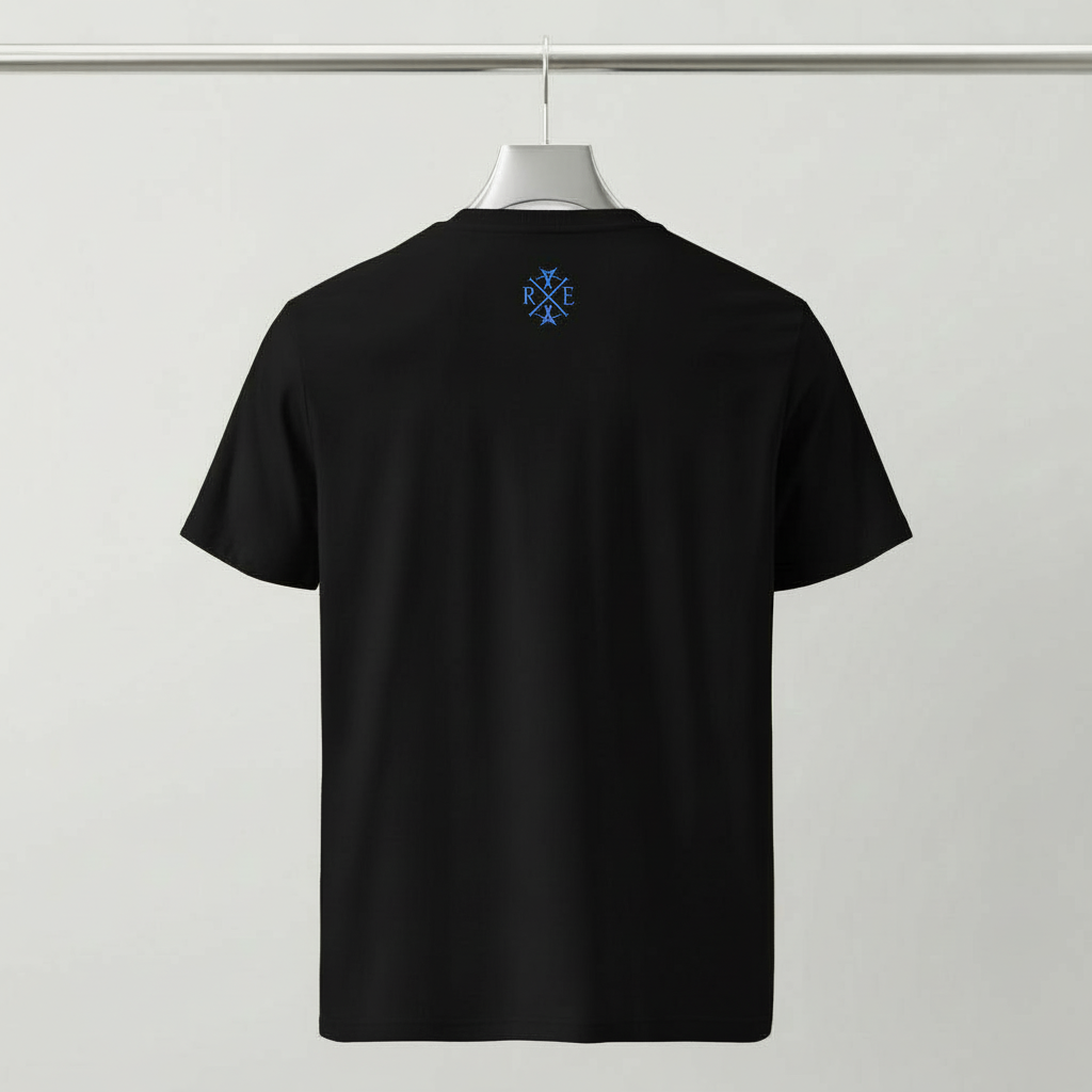 Black oversized organic cotton t-shirt with small blue RAVIVE monogram logo on upper back.