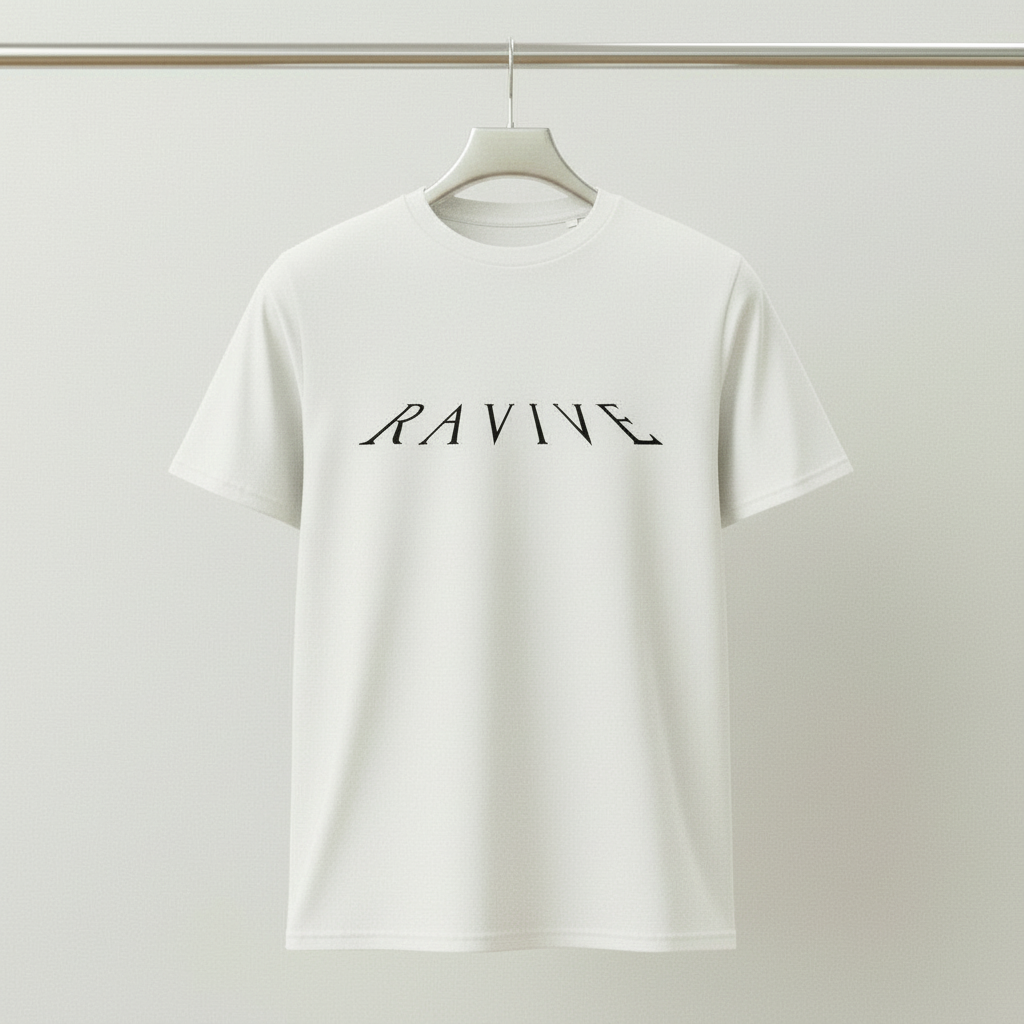 White oversized organic cotton T-shirt with black RAVIVE monogram logo centered on chest, hanging on chrome hanger against a grey background.
