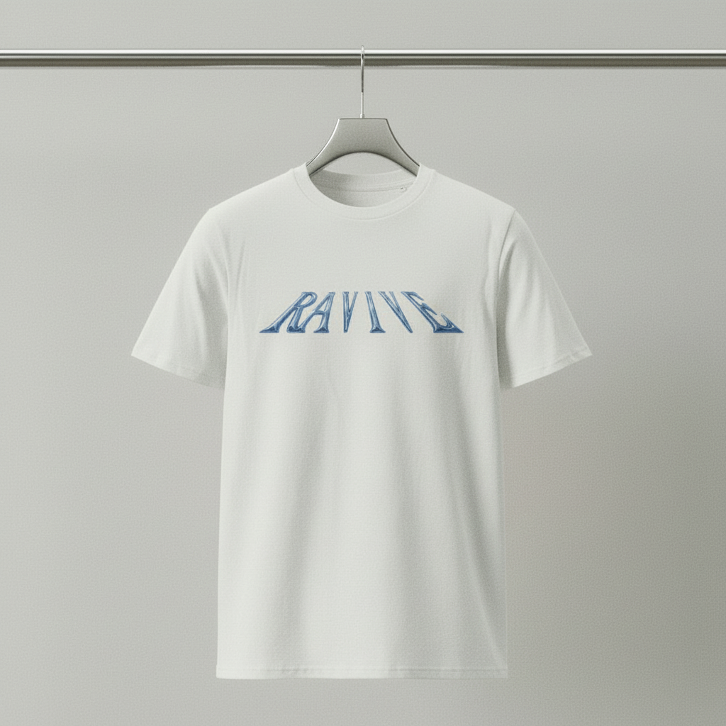 White organic cotton oversized t-shirt with blue stylized chrome logo text across the chest, crew neck and short sleeves.