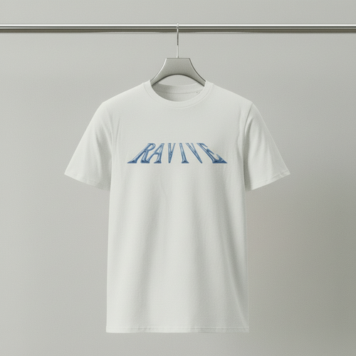 White organic cotton oversized t-shirt with blue stylized chrome logo text across the chest, crew neck and short sleeves.