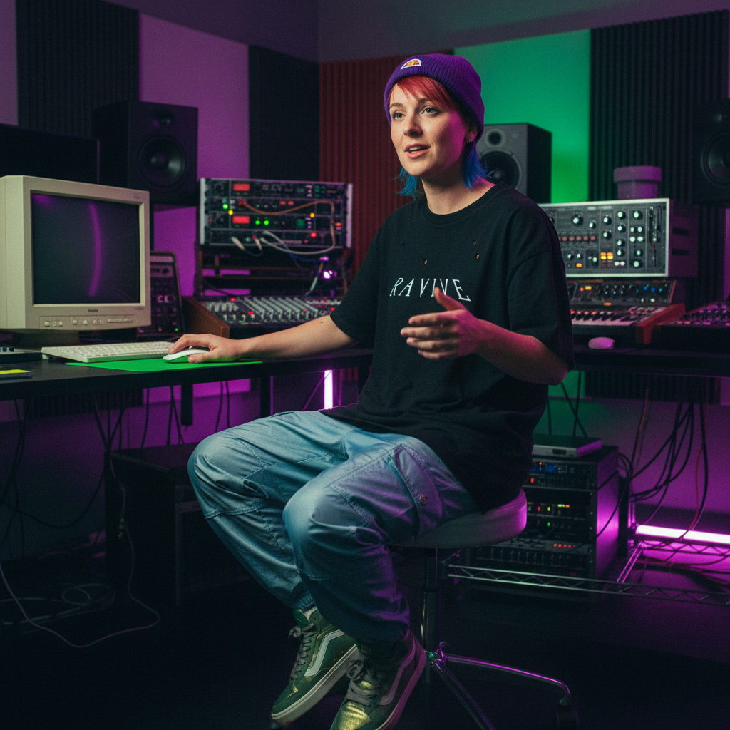 Person wearing oversized black organic cotton RAVIVE Reverb T-shirt with RAVIVE monogram logo, seated in a colorful music.