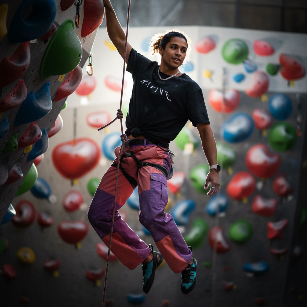 Young man wearing oversized black RAVIVE Reverb organic cotton t-shirt with white monogram logo, climbing indoors on.