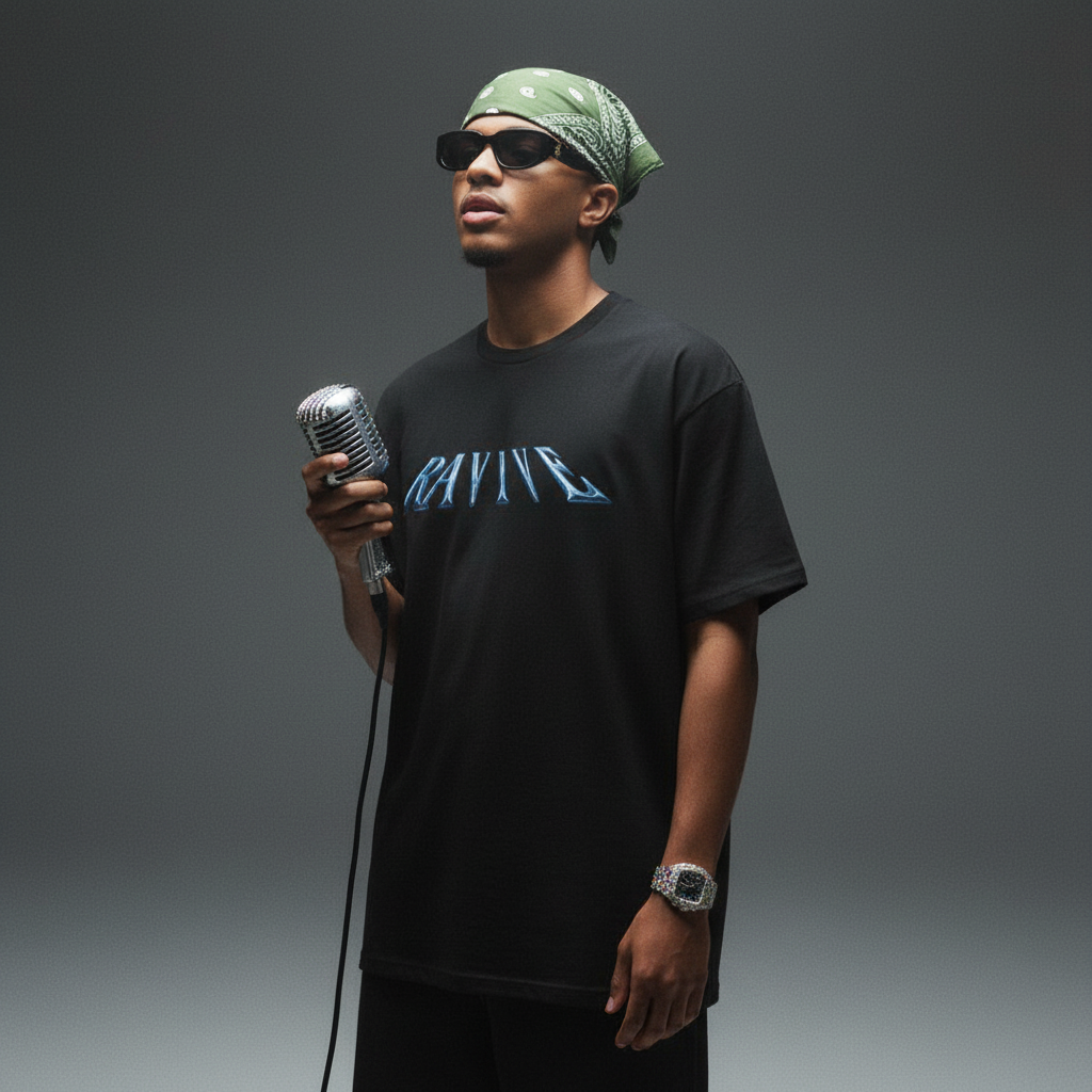 Black oversized organic cotton t-shirt with light blue stylized chrome logo text across the chest.