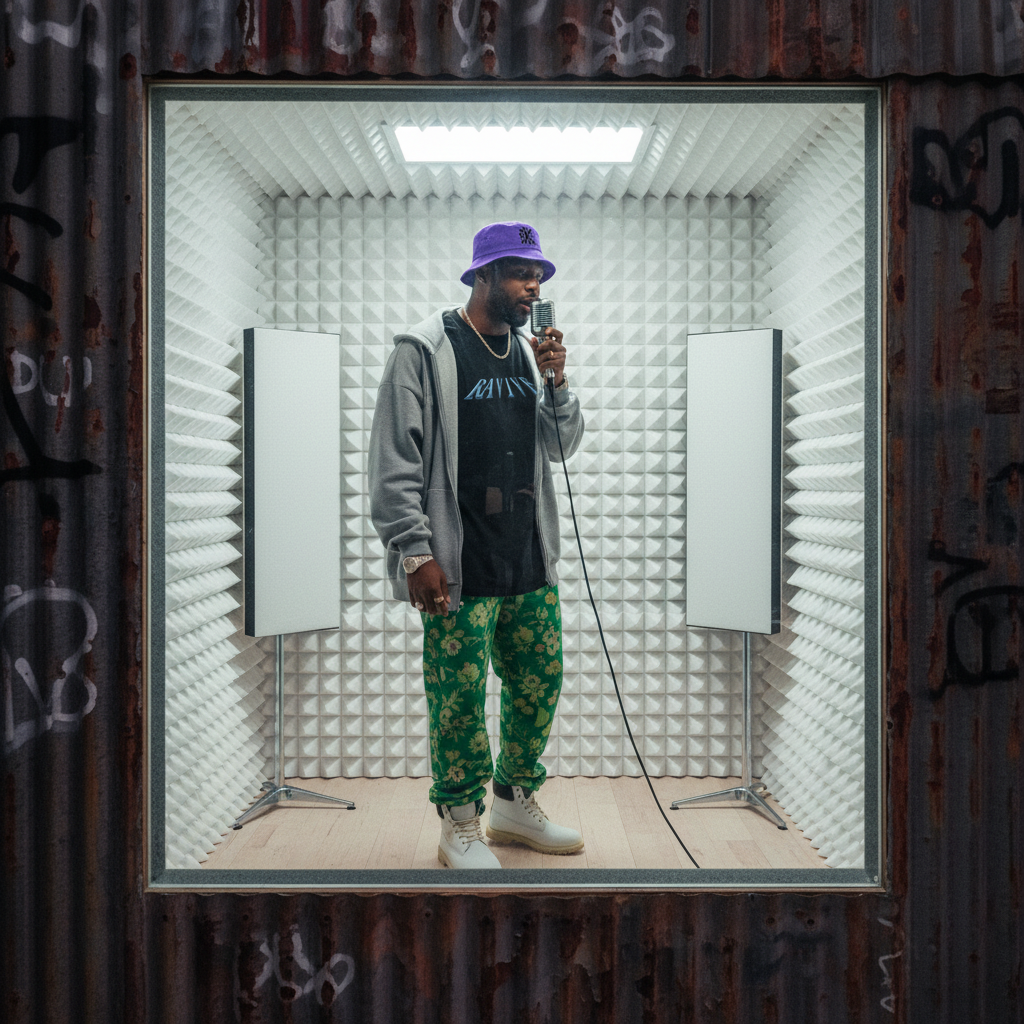 Oversized black cotton t-shirt with large white Chrome logo on front, worn with gray zip-up hoodie and green patterned pants.