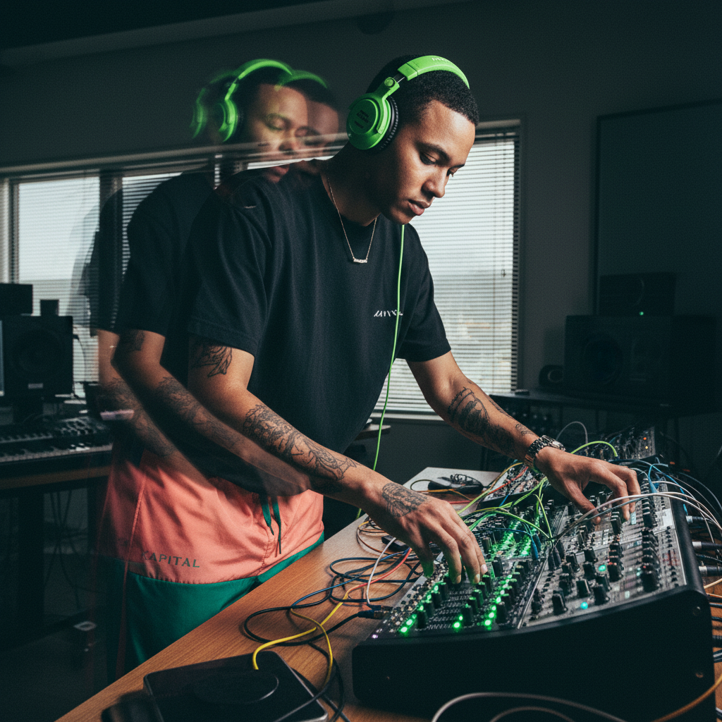 Male model in black oversized organic cotton T-shirt with green RAVIVE monogram logo on chest, wearing headphones and.