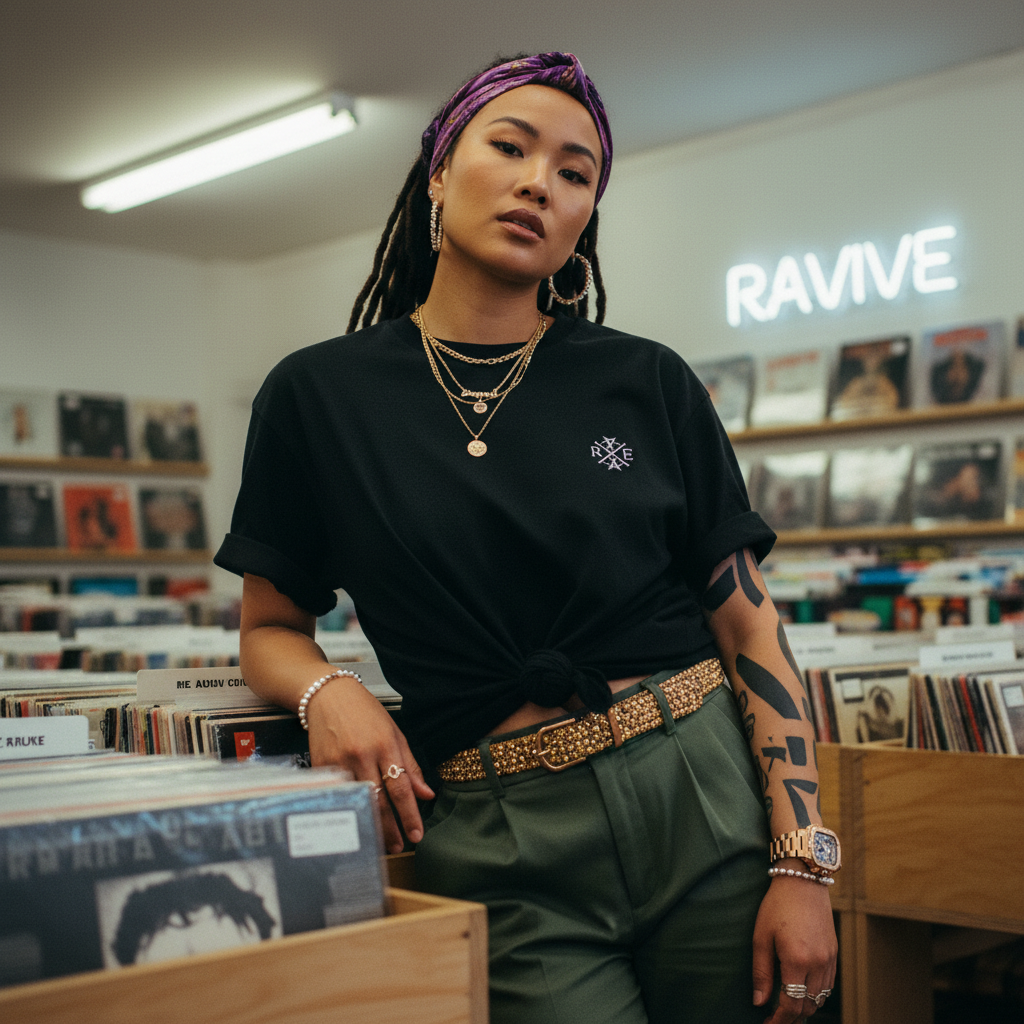 Black oversized organic cotton T-shirt featuring small white RAVIVE monogram logo on left chest, worn knotted at waist by a.