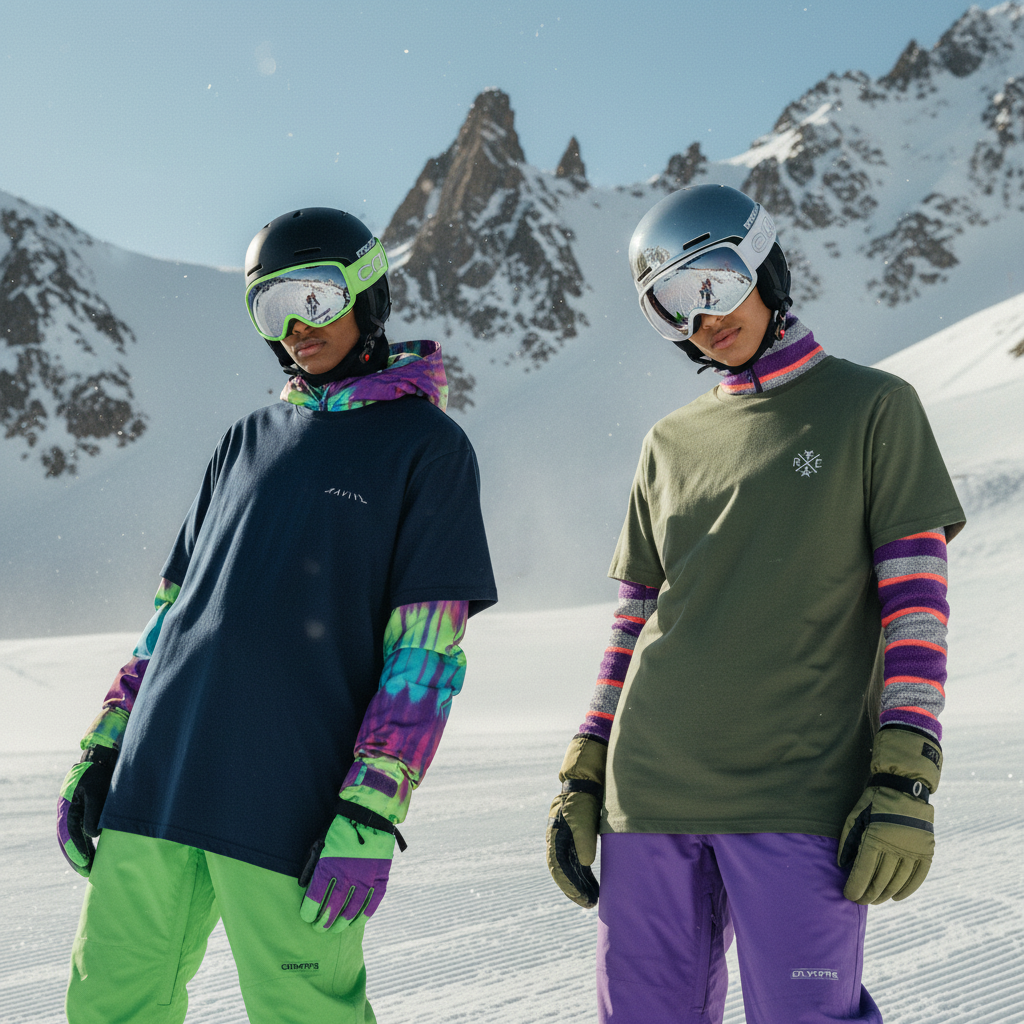 Two models wearing oversized organic cotton t-shirts with the RAVIVE monogram logo, one in navy with bright green pants and.