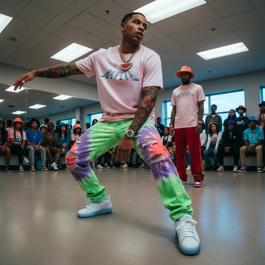 Oversized pink organic cotton t-shirt with blue chrome logo on chest, worn loose for street style.
