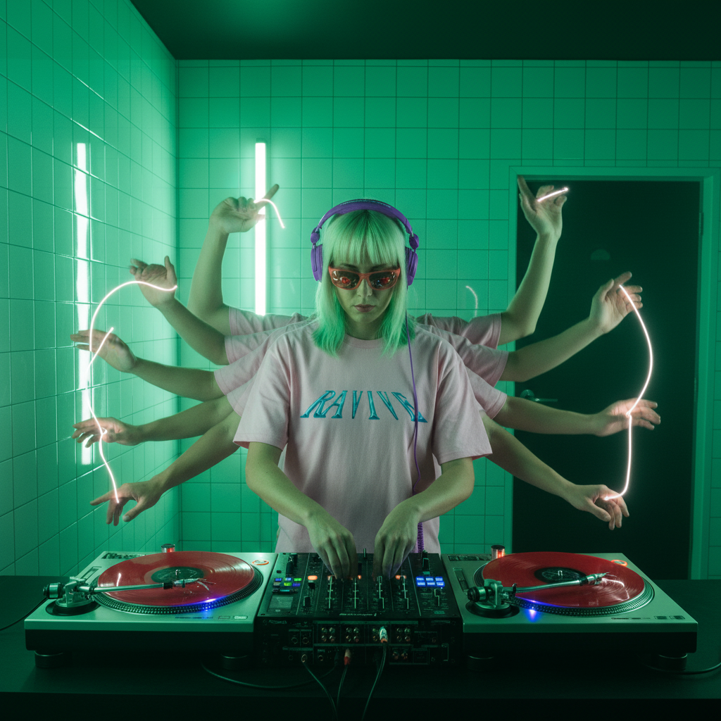 Oversized pink organic cotton t-shirt with teal chrome logo text across chest, worn by DJ in vibrant green-lit room.
