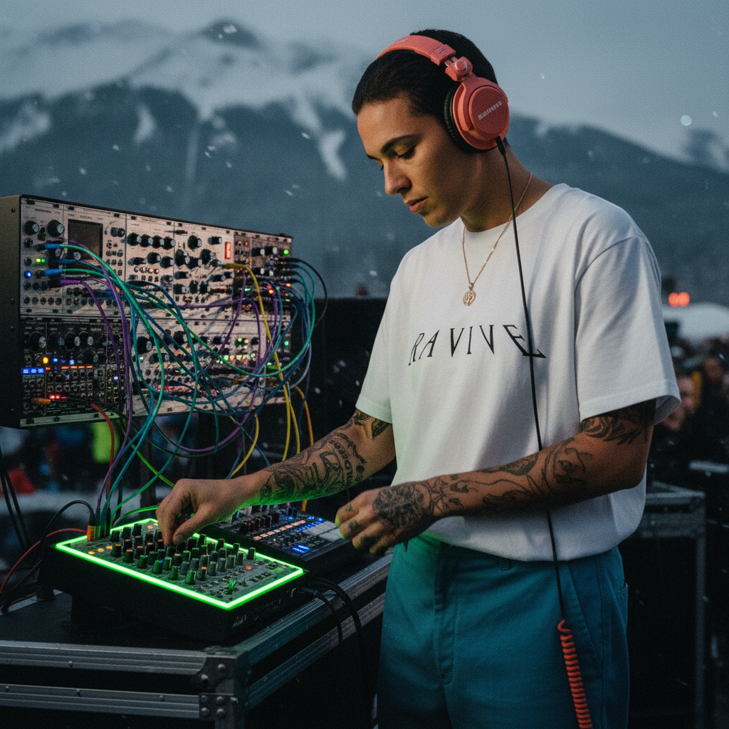 Male model wearing oversized white organic cotton RAVIVE Reverb T-shirt with original RAVIVE monogram logo across chest,.