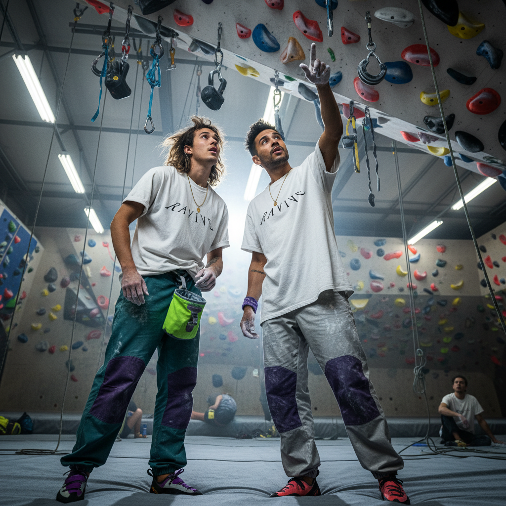Two men wearing oversized white organic cotton RAVIVE Reverb T-shirts with the original RAVIVE monogram logo, standing in a.