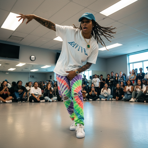 White oversized organic cotton t-shirt with a blue curved chrome logo on the chest, worn loose on a dancer.