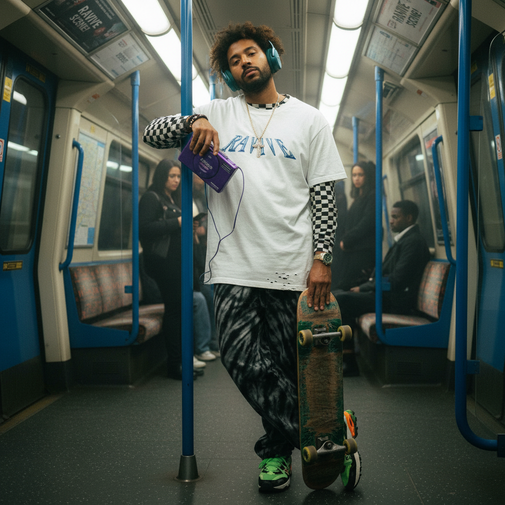 White oversized organic cotton t-shirt with large blue chrome logo on front, worn over black and white checkered long.