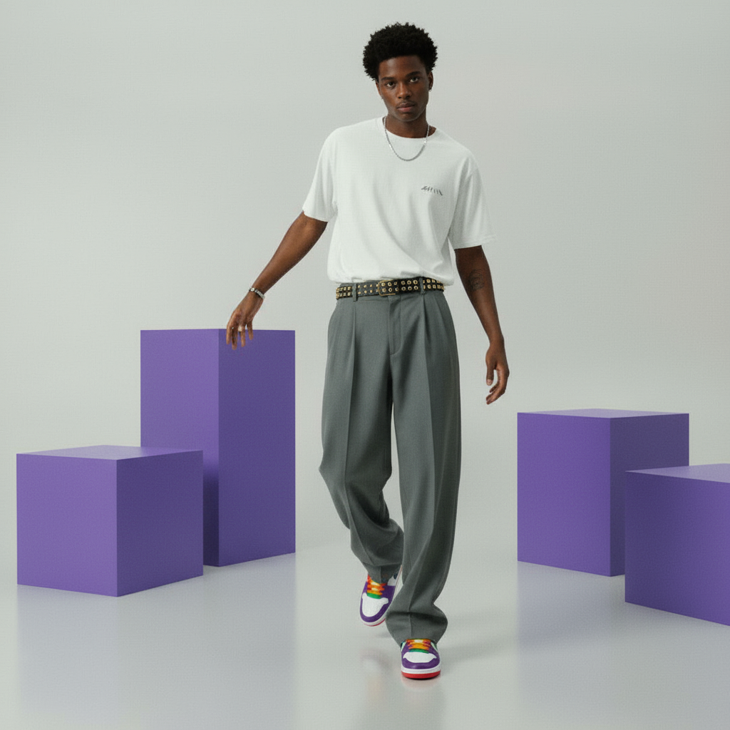 Male model wearing oversized white organic cotton t-shirt with small black RAVIVE monogram logo on chest, paired with loose.
